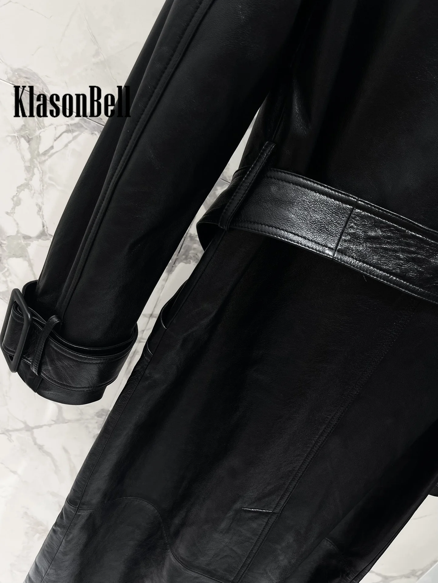 8.4 KlasonBell Women Street Lapel Collar Double Breasted Trench Fashion Vintage Epaulet With Belt Genuine Leather Long Coat