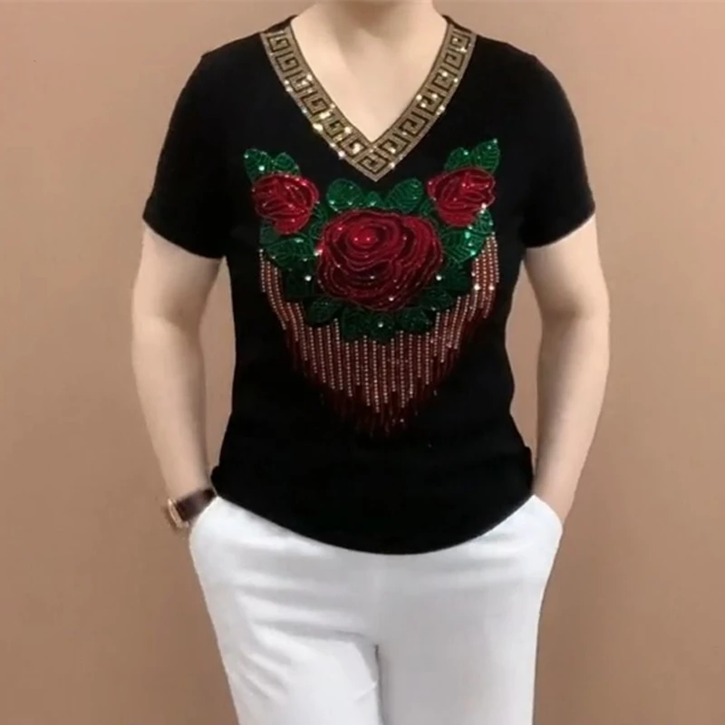 Women\'s Clothing 2024 Summer Fashion Rhinestone Elegant Short Sleeve Ice Silk T-shirts Ladies Casual V Neck Slim Fit Basic Tops