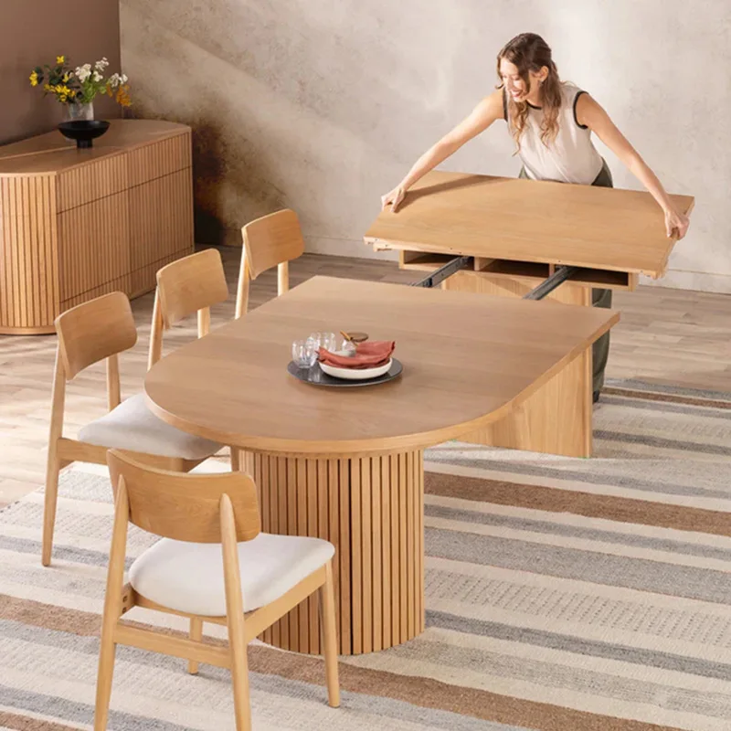 Foldable retractable dining table Solid wood round variable oval elongated large round table Household small apartment dining