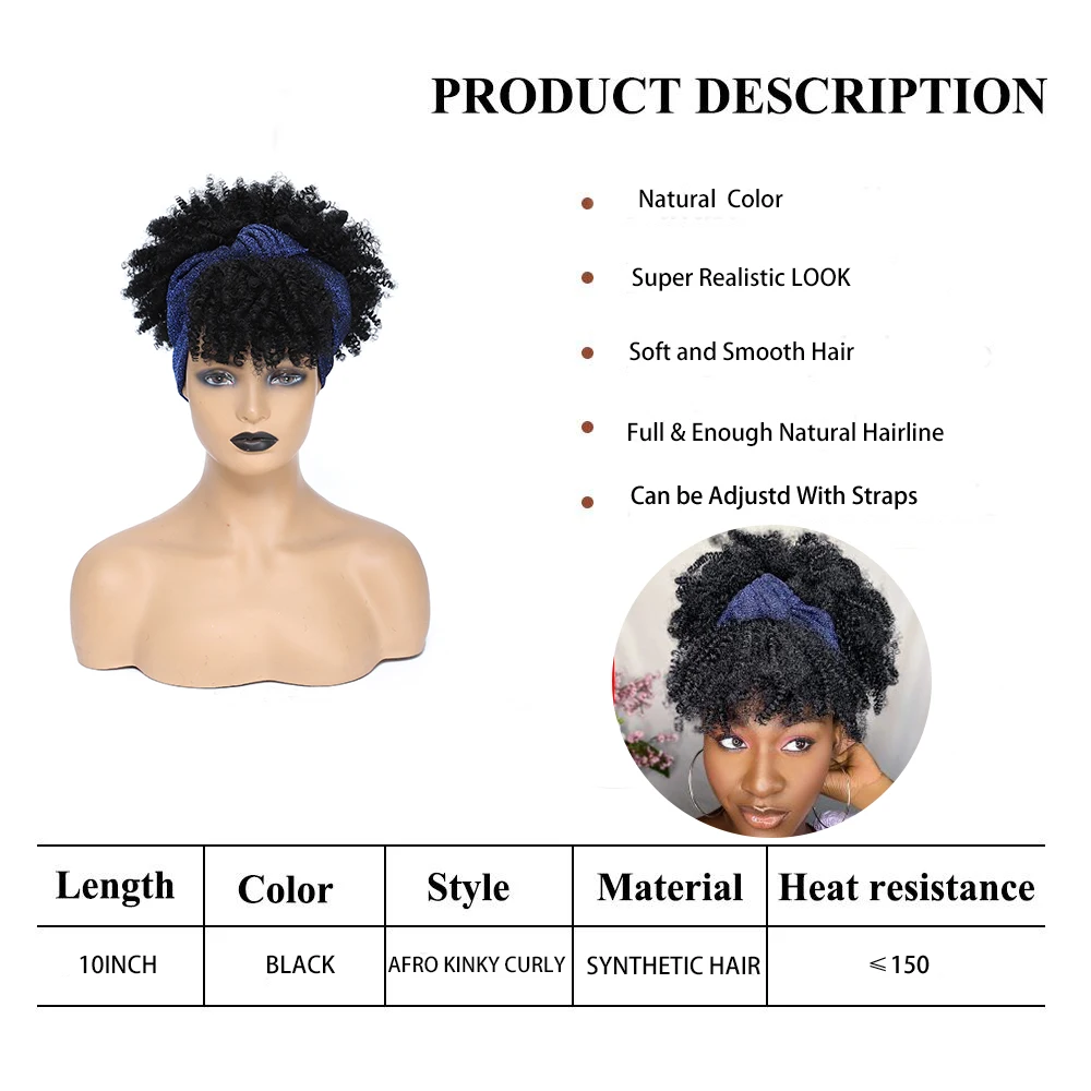 Peluca sintética Afro rizada con diadema para mujer, Pelo Corto con bufanda, color negro, uso diario, Cosplay