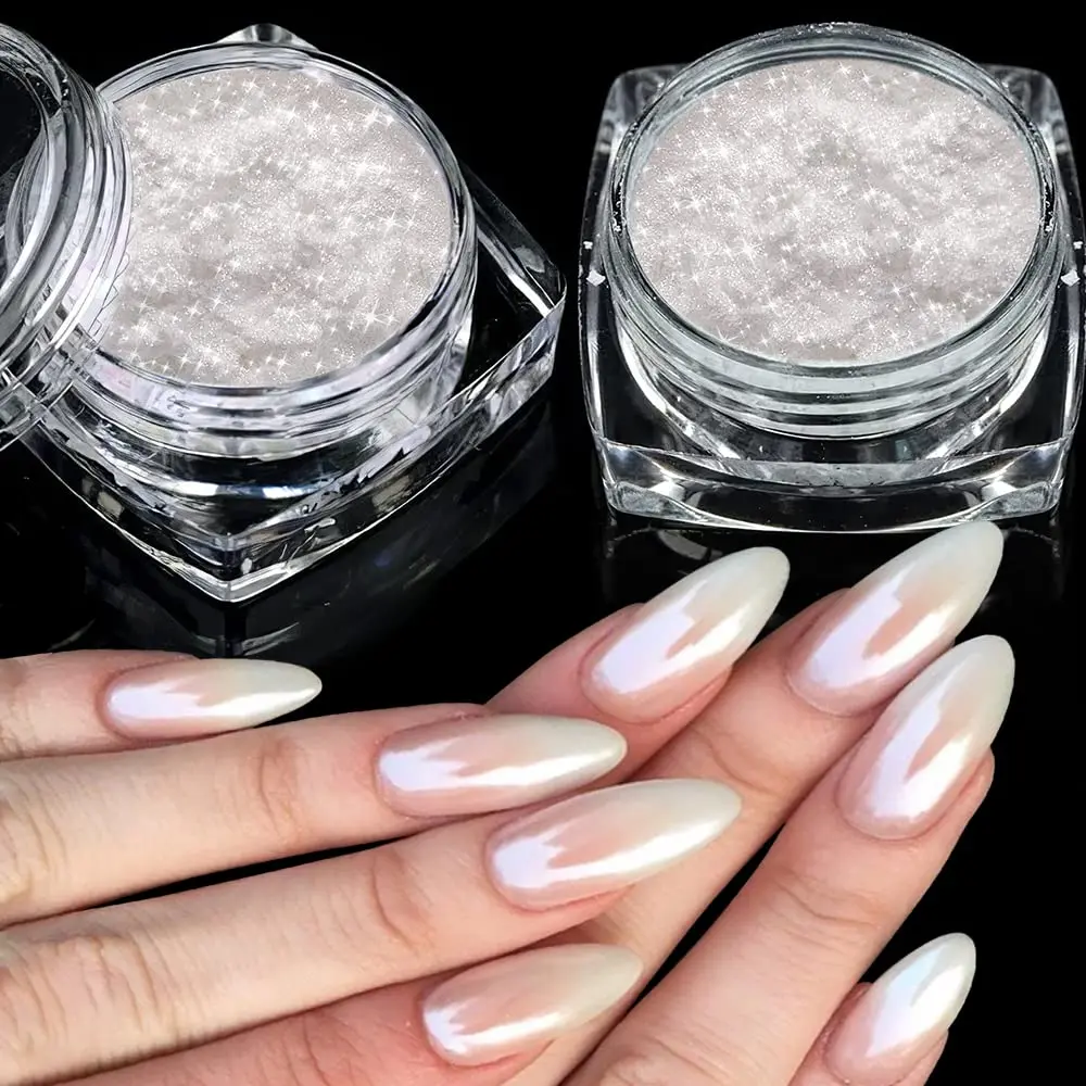 

White Pearl Chrome Nail Powder - Transparent Clear Ice Shimmer Chrome Pigment Powder for Nails