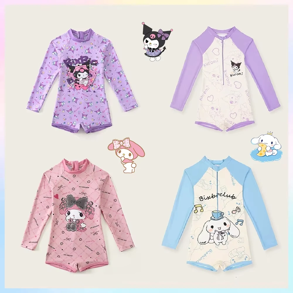 Kawaii Kids Piece Swimsuit Kuromi Cinnamoroll Anime Sanrios Cartoon Professional Quick-Drying Sunscreen Swimwear Beachclothes