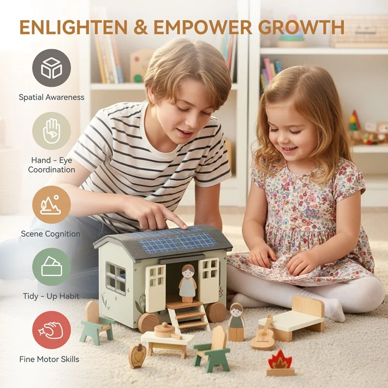 Zestaw zabawek edukacyjnych dla dzieci - kamper, drewniany domek do zabawy, stół i krzesła, ozdoba - zabawka kamper