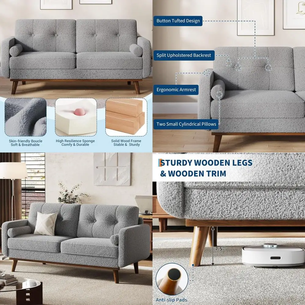 

2 Seater Grey Boucle Upholstered Loveseat with Button-Tufted Design and Wood Legs for Small Spaces