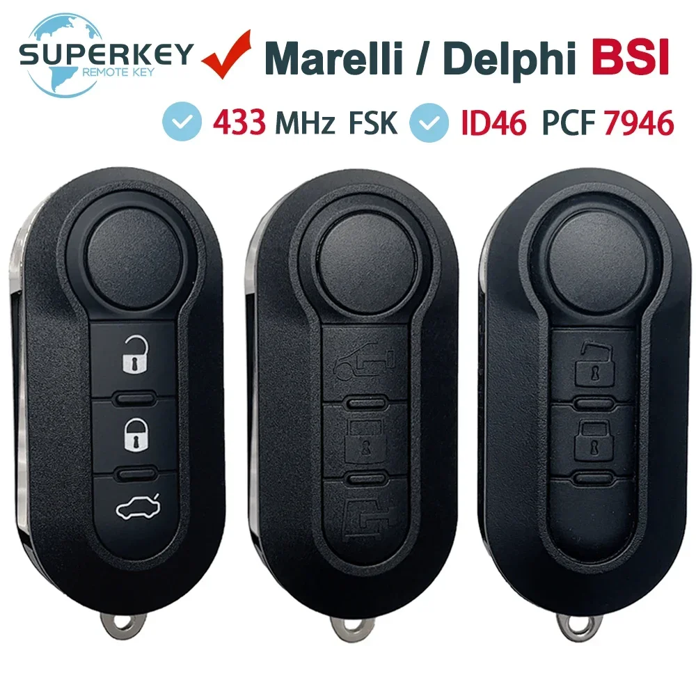 SUPERKEY For Fiat 500 Doblo Bravo Ducato Qubo Grande Punto Marelli DelphiBSI Remote Flip Car Key 433Mhz ID46 LTQFI2AM433TX