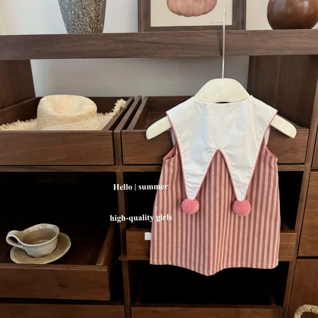 Baby Girls Sleeveless Striped Dress with Lapel Cute Round Ball Summer New College Style Outfit for Infants