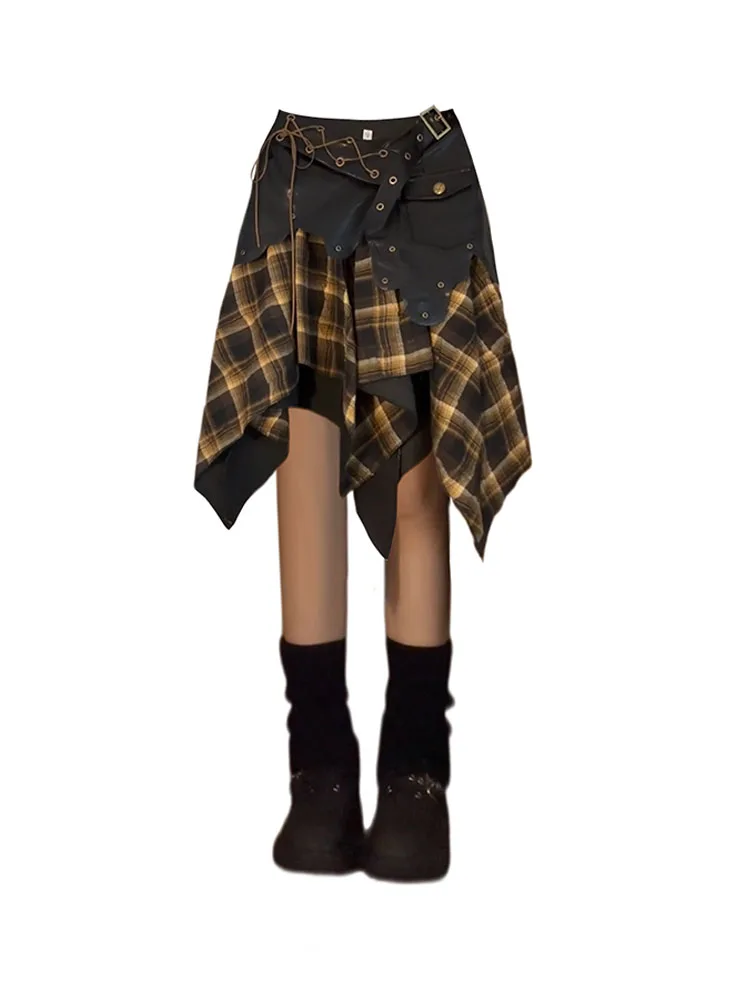 

Japanese Fashion Vintage Patchwork Sashes Asymmetrical Skirt Summer 2000s New Design Plaid Straight Skirt Women Coquette Sexy