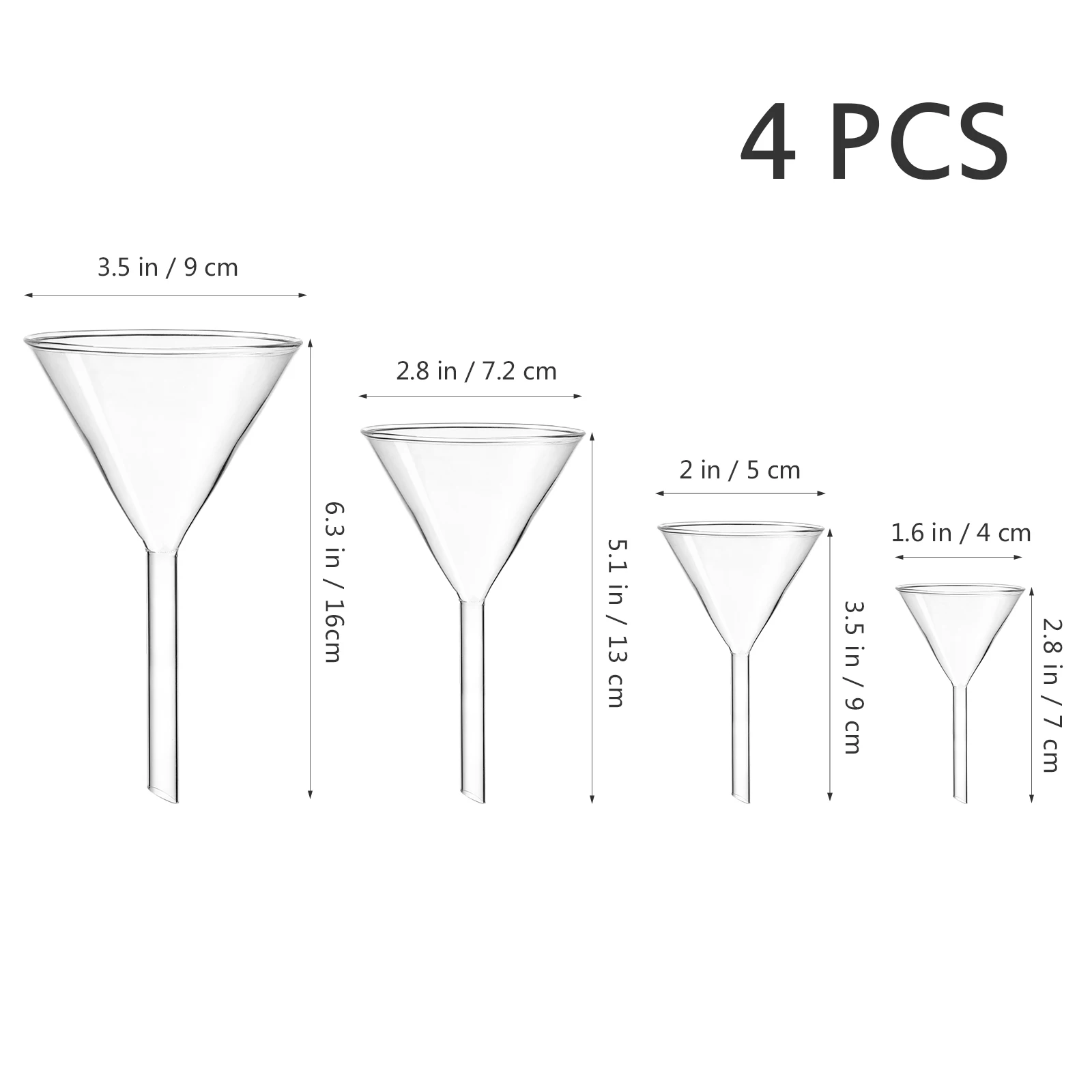 4pcs ULTECHNOVO Clear Laboratory Glass Funnels - Short Stem Multi-Size (40mm/50mm/75mm/100mm) School Teaching & Experiment