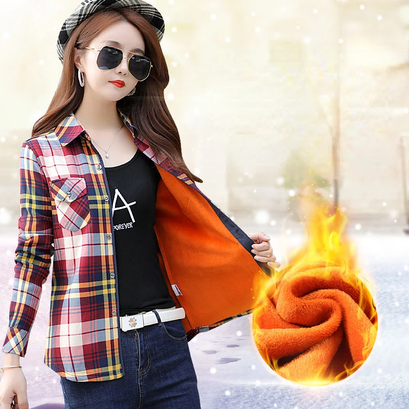 Autumn Winter Plaid Shirt Women Fleece Blouse Slim Long-sleeved Warm Women\'s Clothing Trends Tops Single Breasted Shirts Mujer