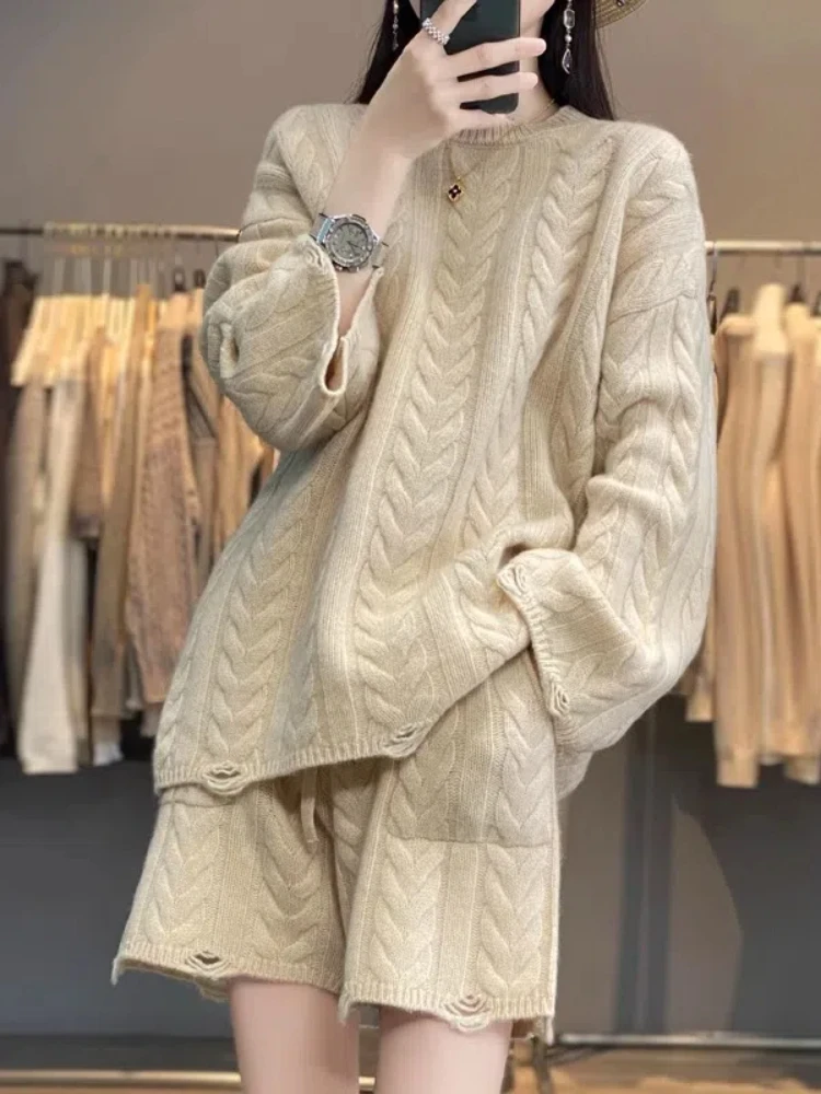 2024 Autumn Winter Knitted Shorts Suit Women Elegant Pullover Sweater Tops and Pants 2 Pieces Set Female Korean Fashion Clothes