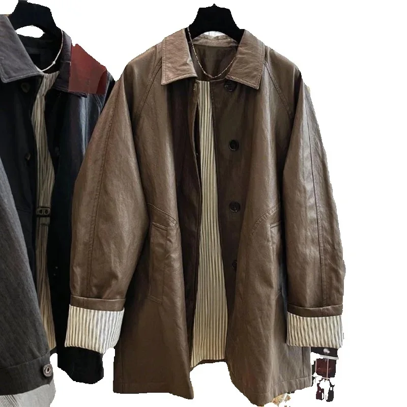 

Autumn Winter Mid-Long Leather Coat Women 2025 New Fashion Loose Casual Jacket Pure Colour Outerwear Female