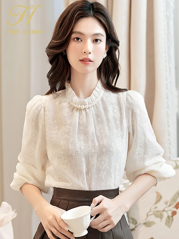

H Han Queen Autumn Simple Basic Tops Nail Bead Vintage Office Fashion Women's Shirts Female Long Sleeved Shirts Woman Clothing