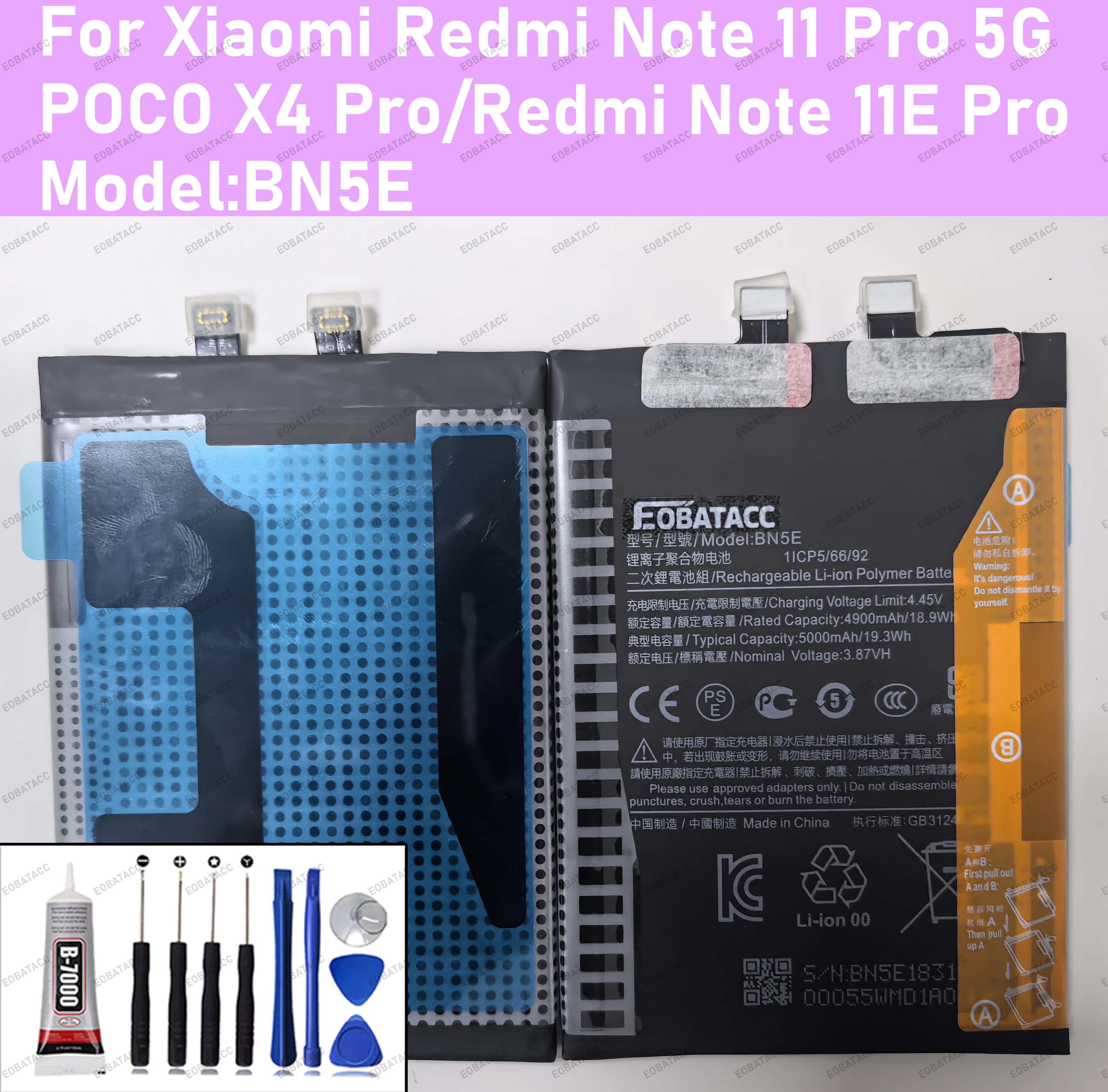 100% Large capacity BN5E Battery For  Xiaomi Redmi Note 11 Pro 5G / POCO X4 Pro 5G/ Note 11E Pro Replacement Batteria+Free Tool