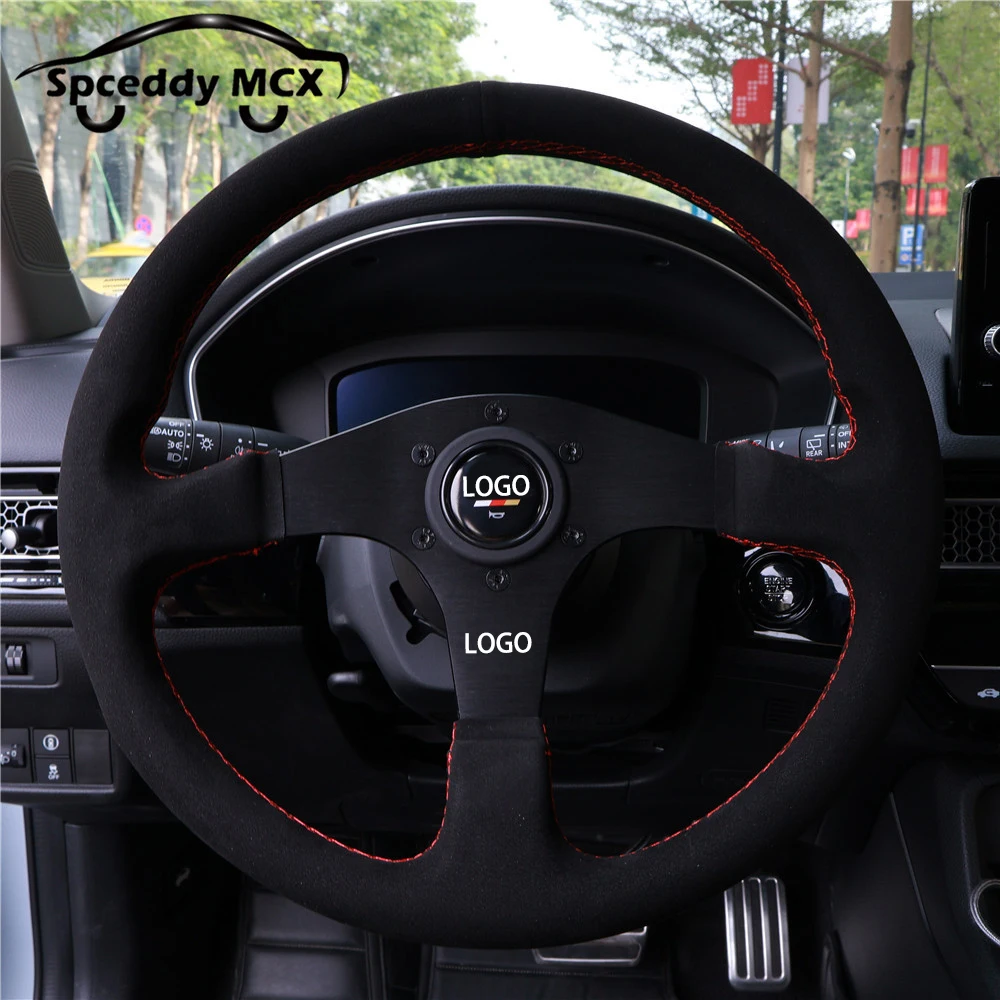 

JDM MugenA 14inch Steering Wheel Suede Leather Red Rarallel Stitch Black Spoke Racing Drifting Steering Wheel Universal Flat