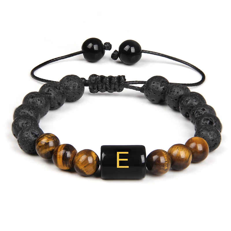 Natural Volcanic Lava Tiger Eye Stone Bead Bracelets 26 Letter First Name Bracelet Mediation Yoga Luck Jewelry Friendship Gift