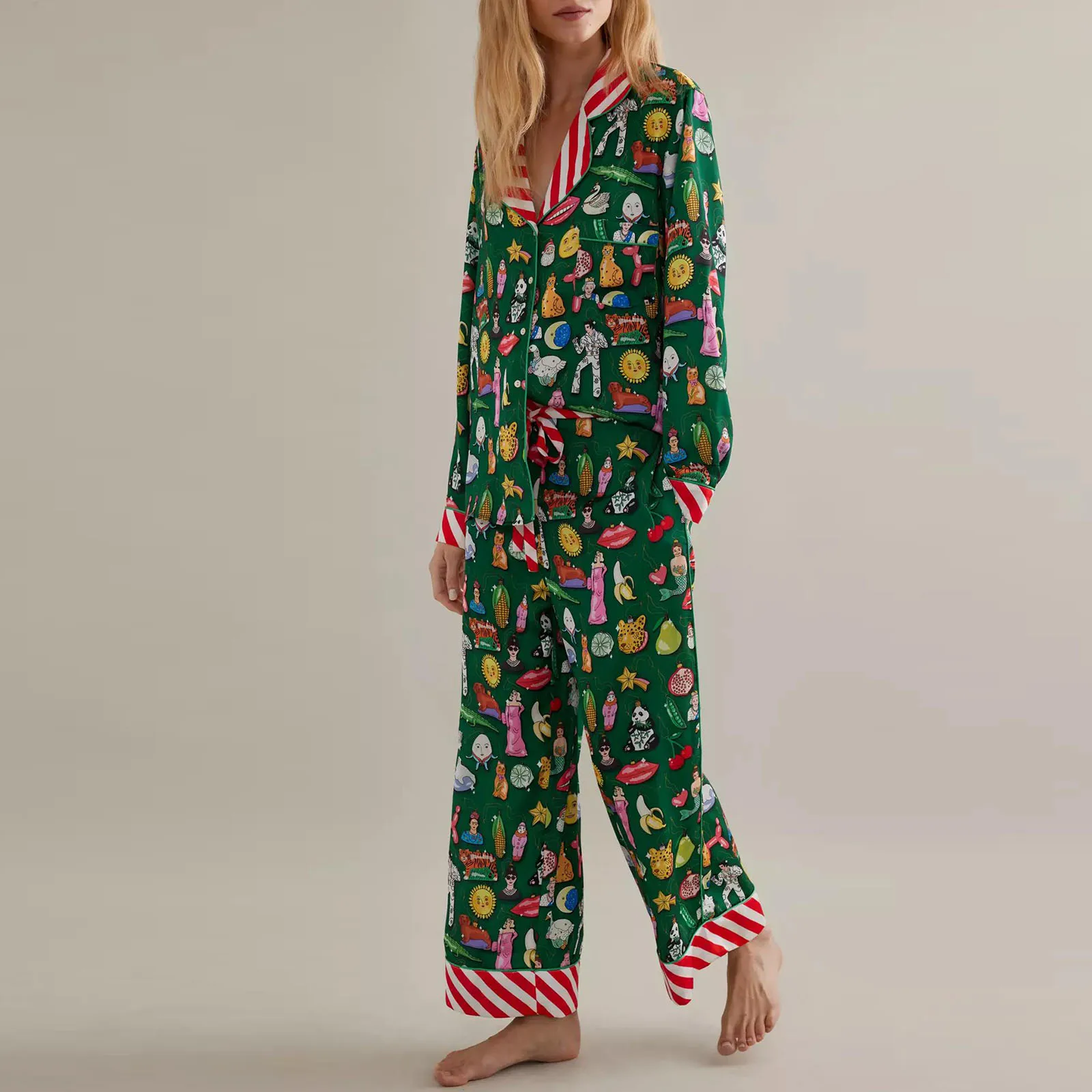 Women Pajama Set Food Animal Print Long Sleeve Button Closure Tops with Pants Sleepwear Loungewear