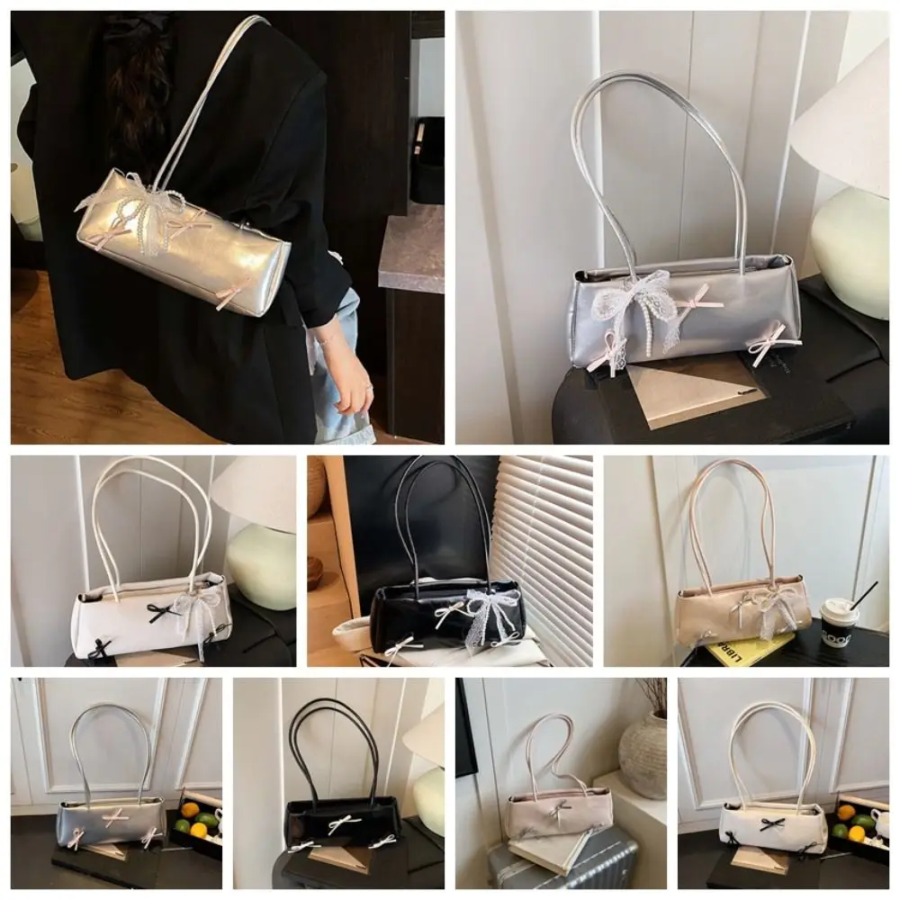 

Portable Sweet French Stick Handbag Bow Ribbon Y2K Silver PU Shoulder Bag Pearls High Quality Lady Underarm Bags Women