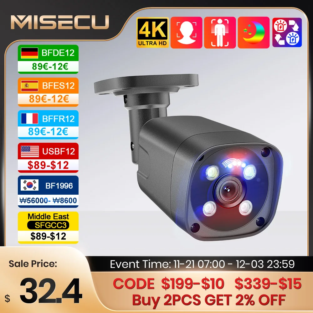 Misecu-câmera ip de segurança ao ar livre poe uhd 4k, 8mp, com detecção humana, alarme inteligente, visão noturna colorida