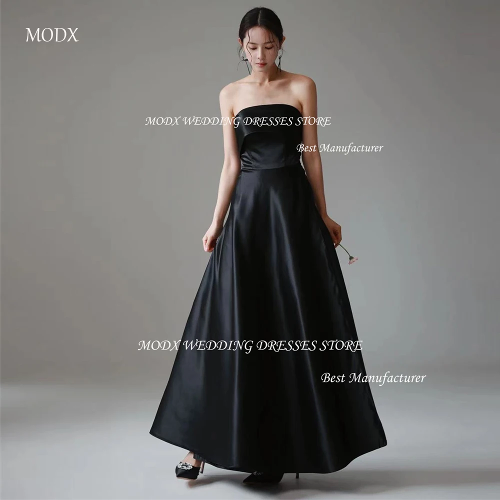 

MODX Simple Black Satin Evening Party Dresses Korea Wedding Photoshoot Strapless A-Line Ankle-Length Bride Dress Corset Back