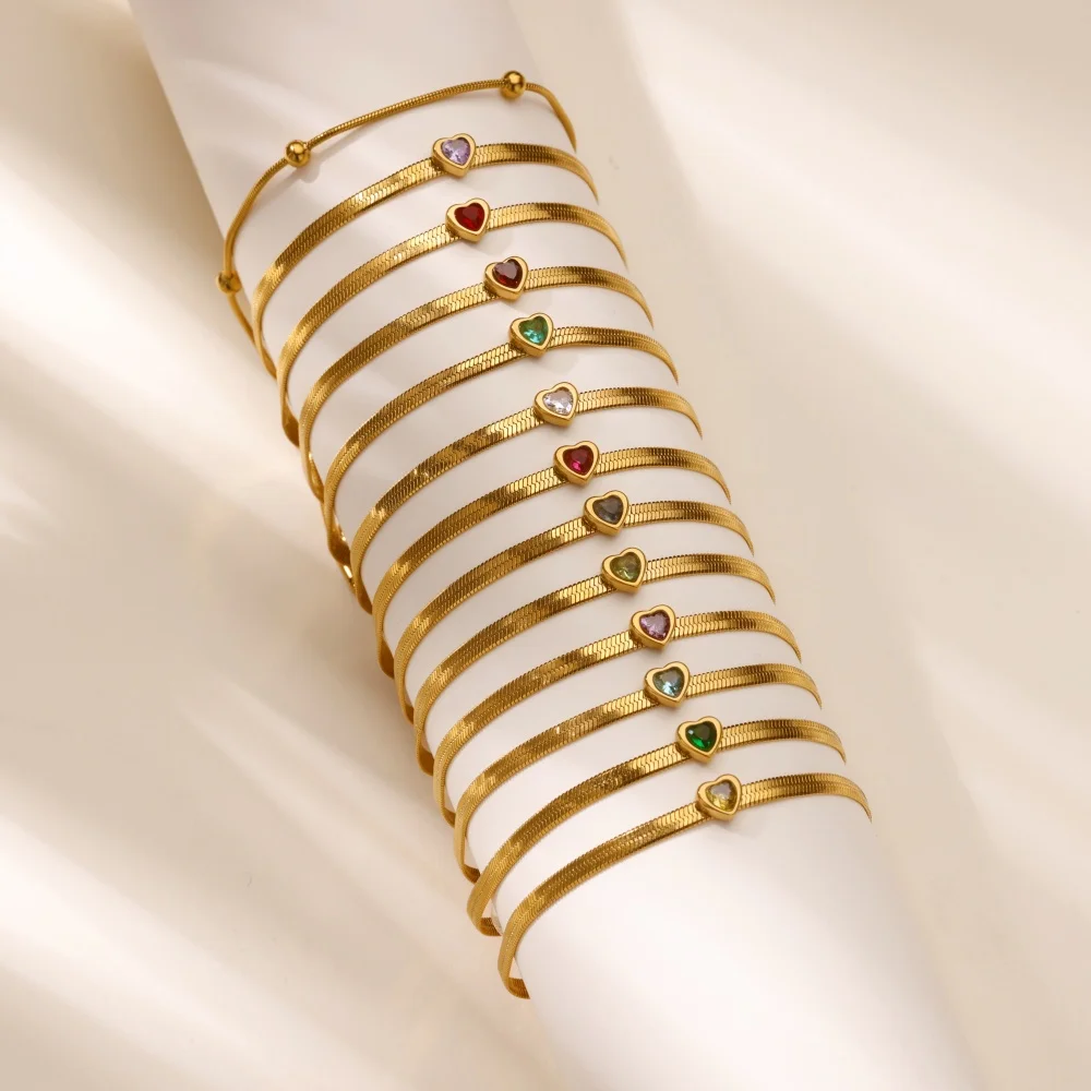 Farbige Zirkon-Herz-Armbänder für Frauen, goldfarben, Edelstahl, 12. Geburtsstein-Herz-Armband, Hochzeit, Geburtstag, Schmuck, Geschenk