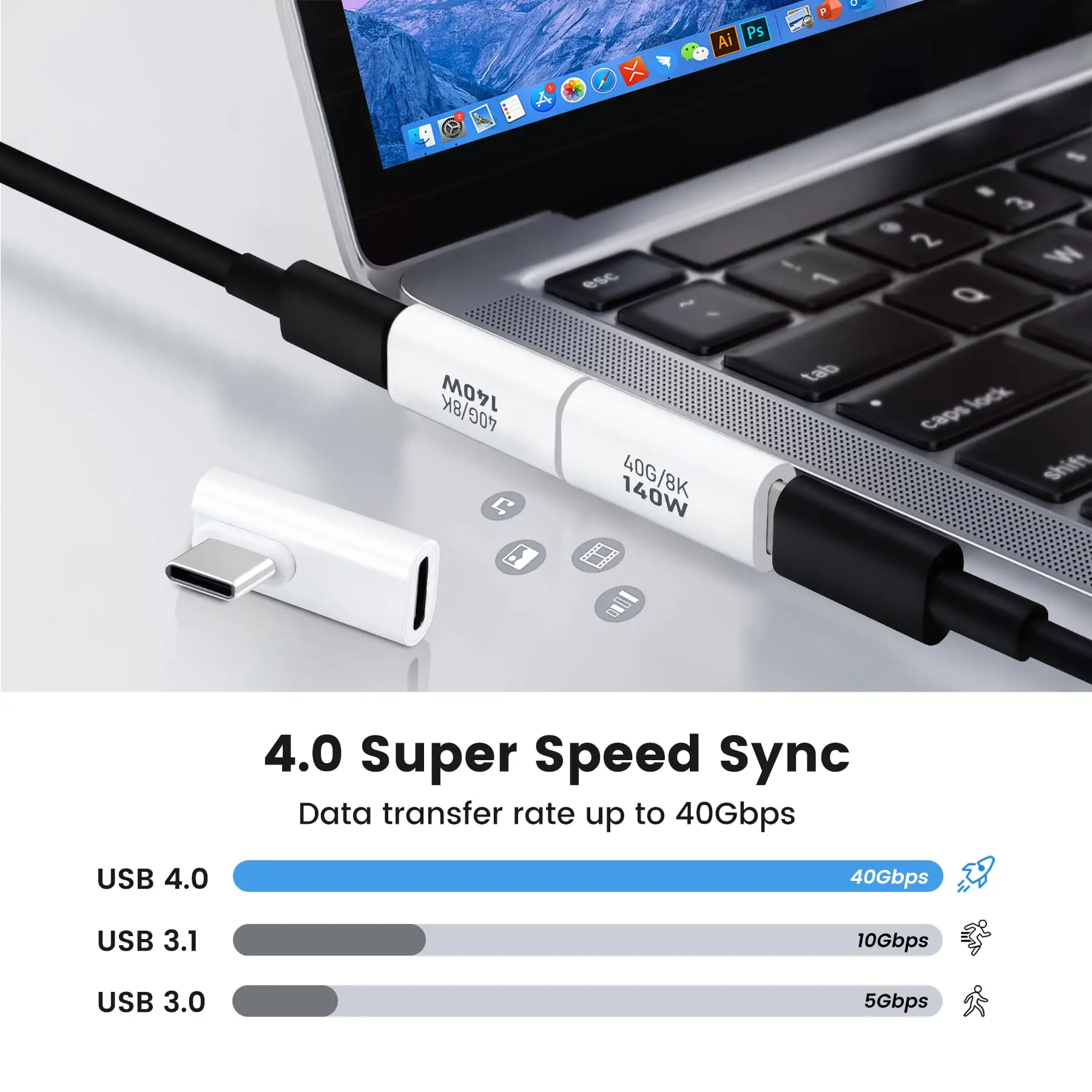 Adaptor USB C PD 140W 40Gbps adaptor tipe C jantan ke betina USB C 4.0 konektor Transfer Data untuk iPhone 15 Samsung MacBook 2Pac