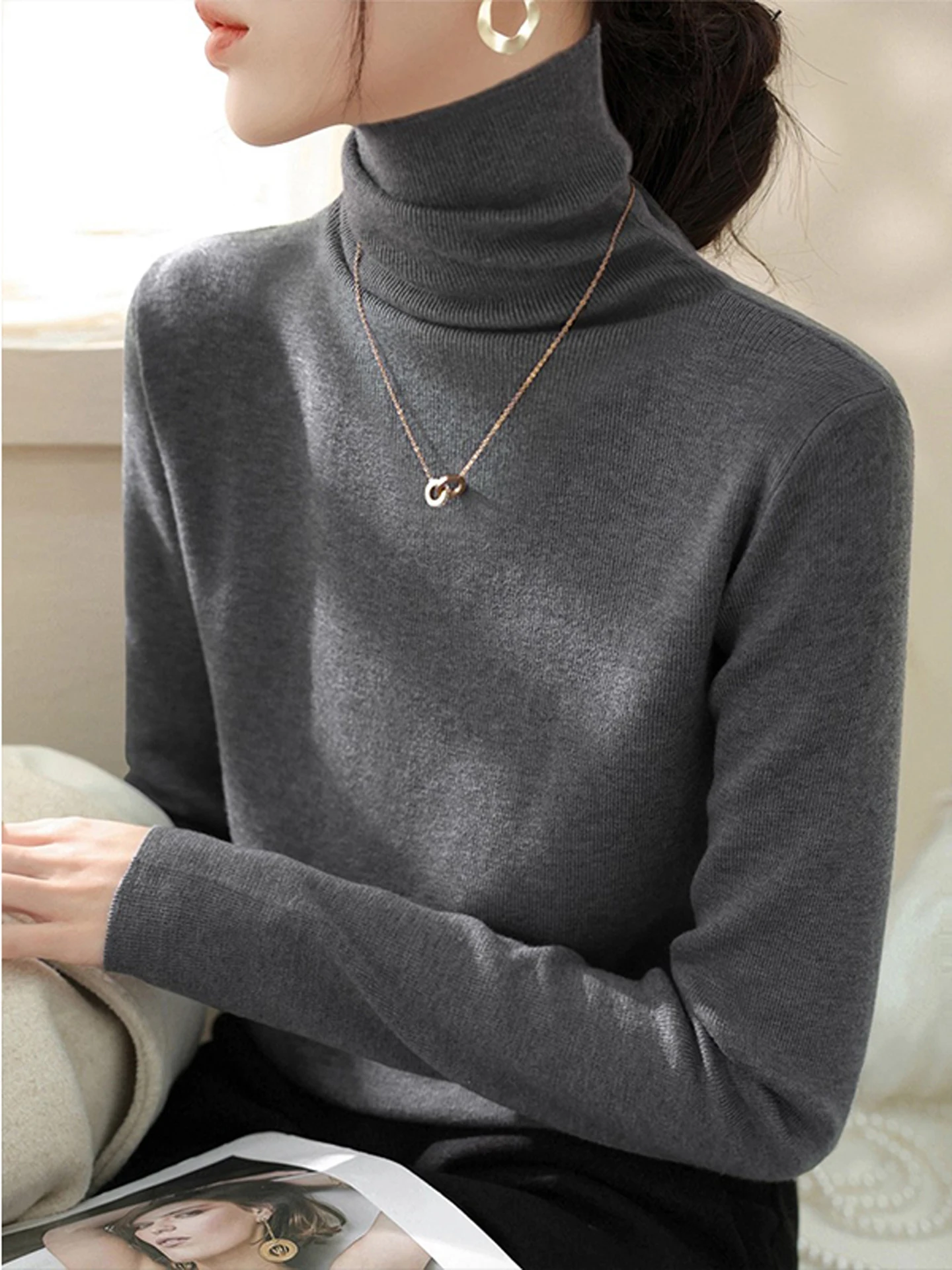 

Вязаный свитер с высоким воротником и глубокими глазами Long Sve, женский базовый слой, утягивающий топ, милый Sle Fce, теплый, Thiened, осенний...