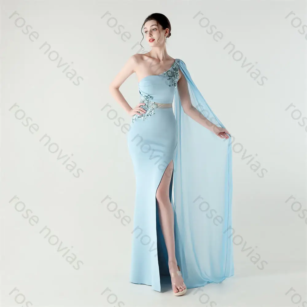 

Customized Sky Blue High Quality Jersry Evening Dress One Shoulder Floor-Length Appliques for Formal Evening Vestidos De Fiesta
