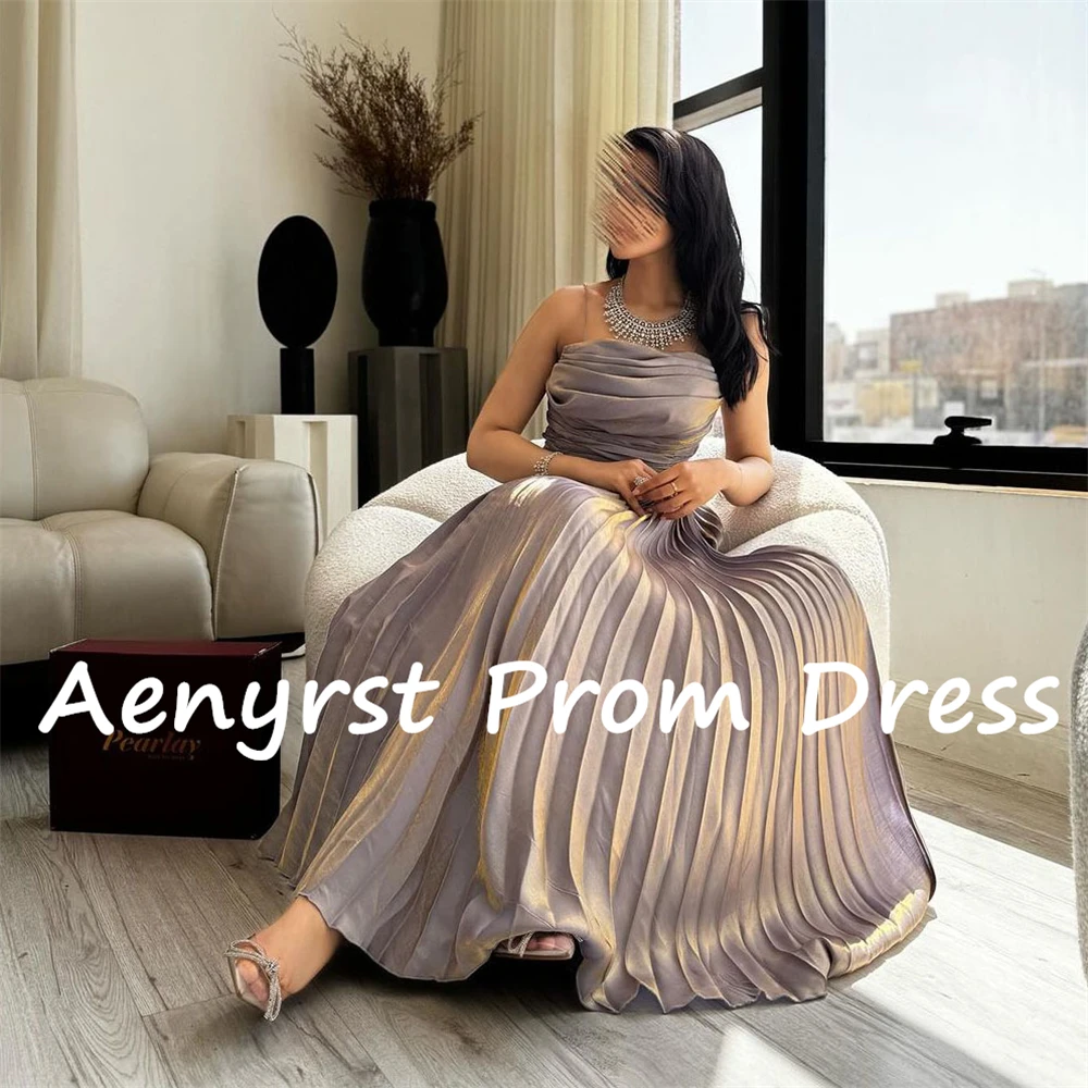 Aenyrst Saudita Strapless Plissado Prom Vestidos A Linha de Cetim Vestidos de Noite Formais Mulheres personalizadas Tornozelo Comprimento Dinner