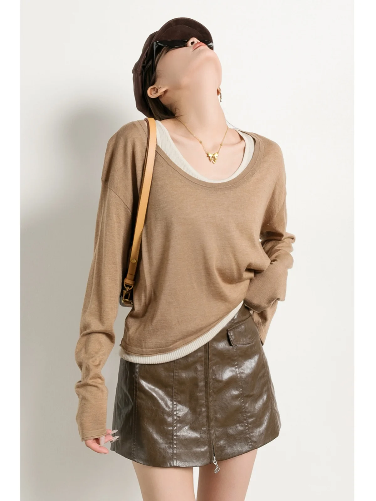 

Женский вязаный комплект из двух предметов Tide PA: шерстяной свитер цвета кэмел и топ с длинным рукавом и круглым вырезом, свободный крой, весна-осень, уличный стиль