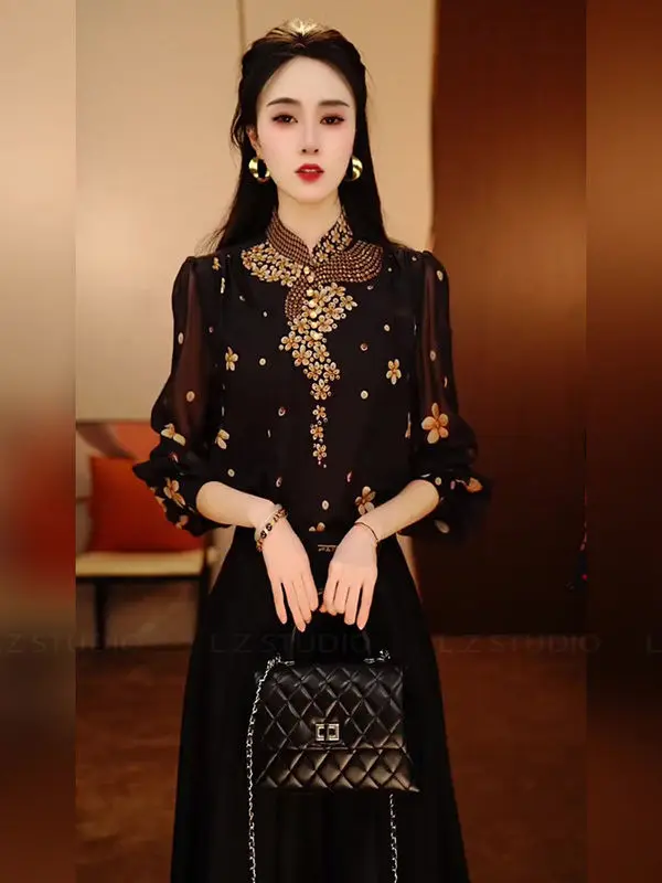 Outono inverno elegante único impressão gola manga longa blusa camisas de manga longa para mulheres estilo coreano chique senhora topos