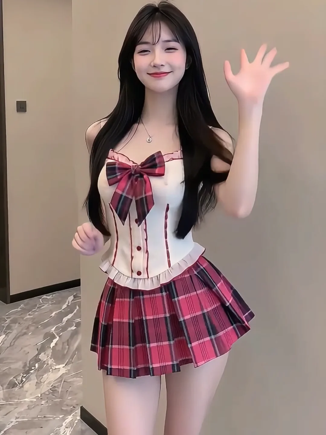

Sexy School Girl Plaid Skirt Set Two Piece Uniform Outfit Summer Slim Fit High Waist Knot V Neck Bodysuit