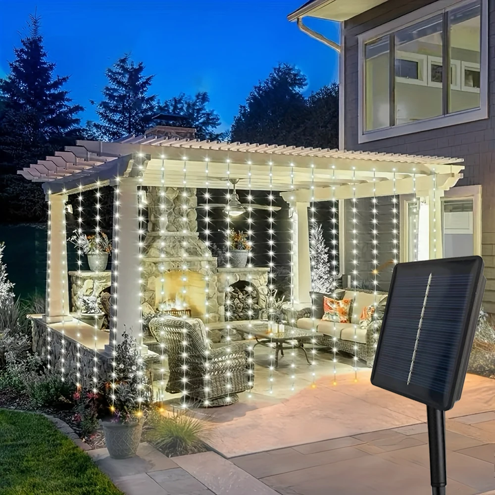 

Outdoor Solar Curtain String Lights 6M 8Modes Christmas Lighting Fairy Lights Great for Navidad Party Patio Garden Wedding Decor