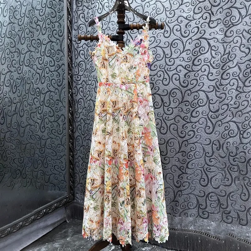 

Novia Party Long Dress 2024 Spring Summer Fashion Style Ladies Allover Crochet Lace Embroidery Sleeveless Long Maxi Dress Club