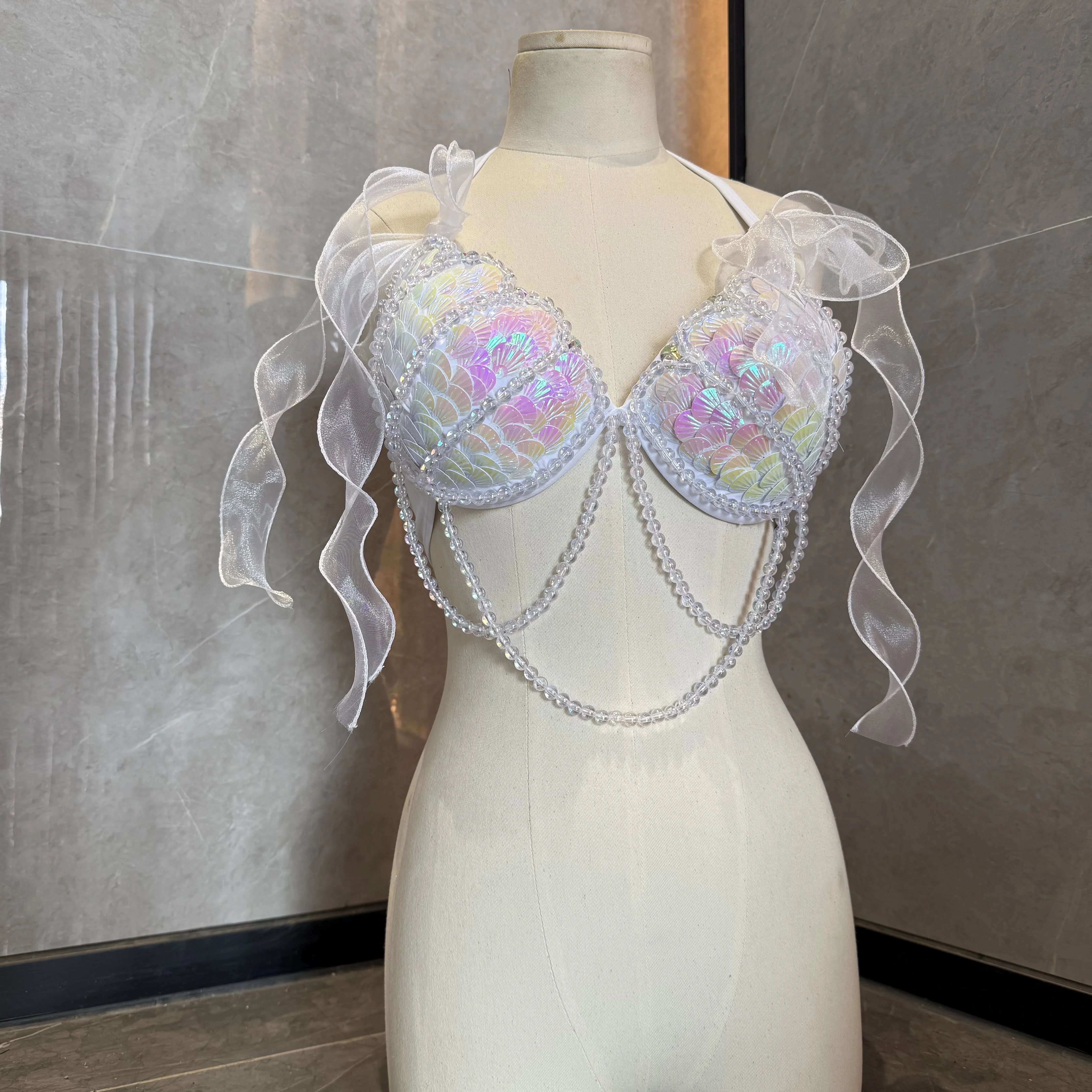 

Бюстгальтер-бикини с пайетками «Рыбья чешуя», однотонный, с эффектом пуш-ап, для женщин, для горячих источников, купальник с пайетками, треугольный, на шнуровке, для отпуска, в стиле русалки