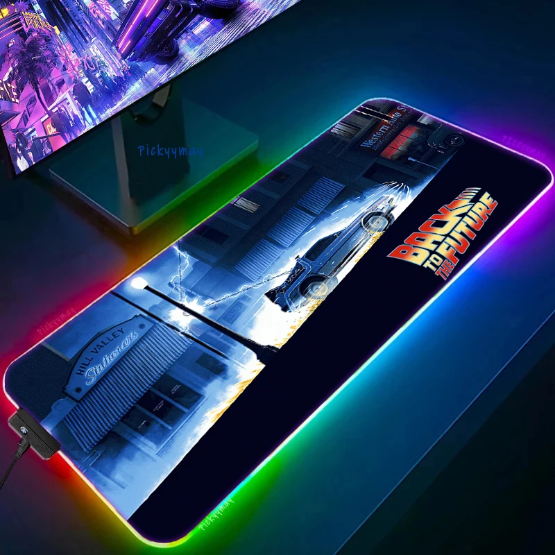 Back To The Future Car Large RGB Mouse Pad Luminous Desk Pads Gaming Mousepad LED Mouse Mat Gamer PC Keyboard Mats XXL Deskmat