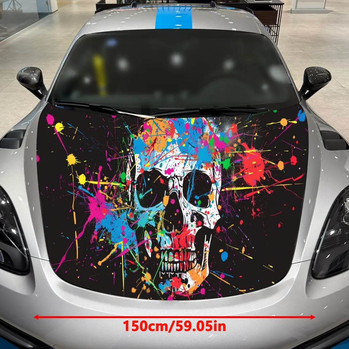 Splatter Paint Skull Car Hood Wrap, Car Hood Decal, Car Exterior Accessory, Waterproof and Self-adhesive Auto Cover Sticker, Coo