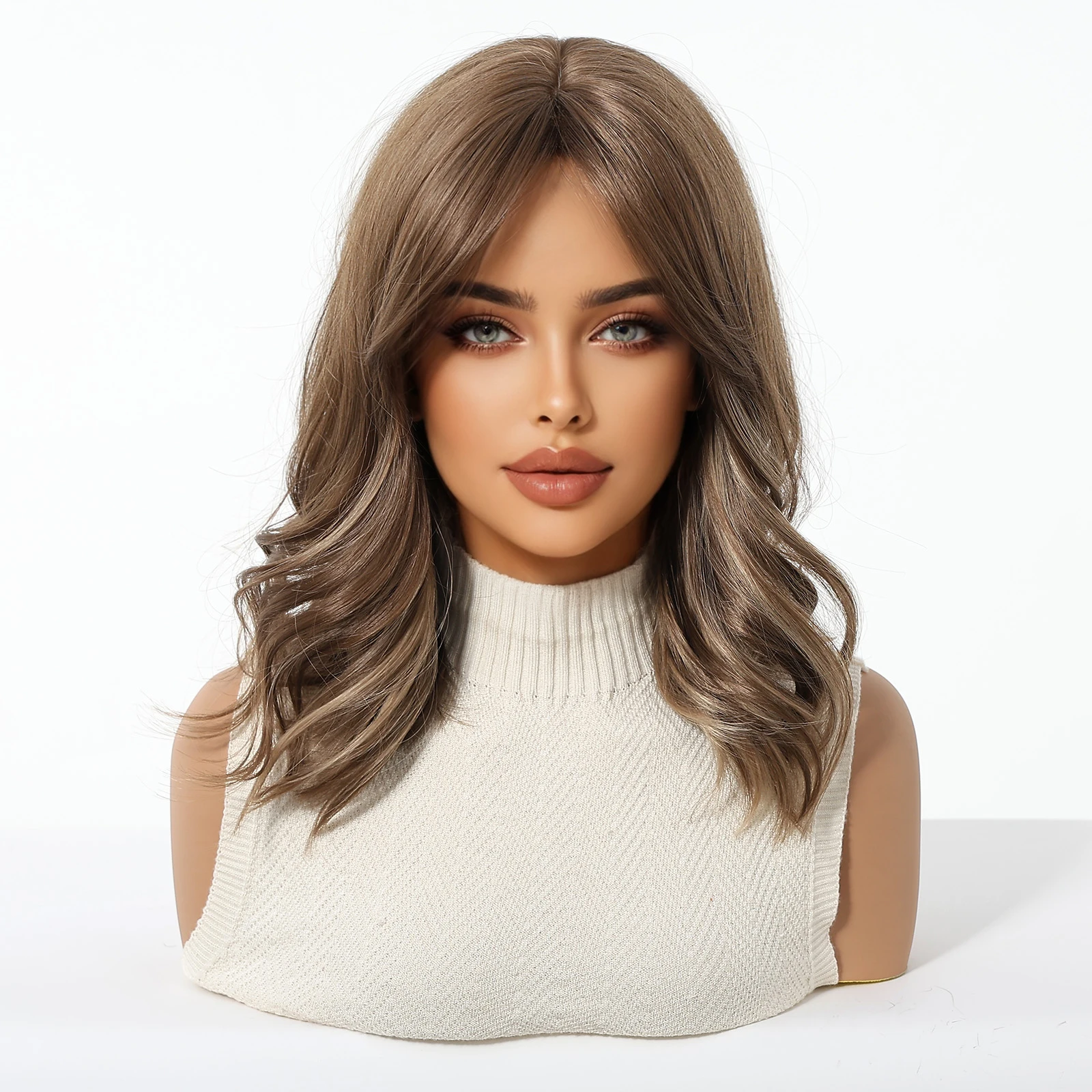 Honey Brown Synthetic Short Wavy Wig with Middle Part Bangs for Women Heat Resistant Daily Lolita Cosplay Curly Hair