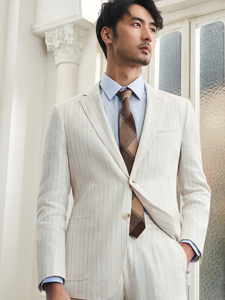 

60% Linen 40% Cotton Suits For Men White Stripe Slim Fit Wedding Groom Wear Clothing 2022 Spring Summer Thin Blazers Pant Set 58