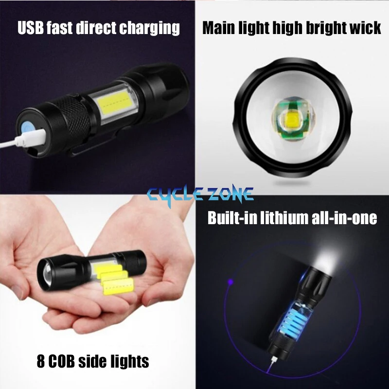 Mini Zoom LED lampe de poche pêche en plein air et équipement d'équitation réglable stylo électrique lumière USB Rechargeable torche Camping outils