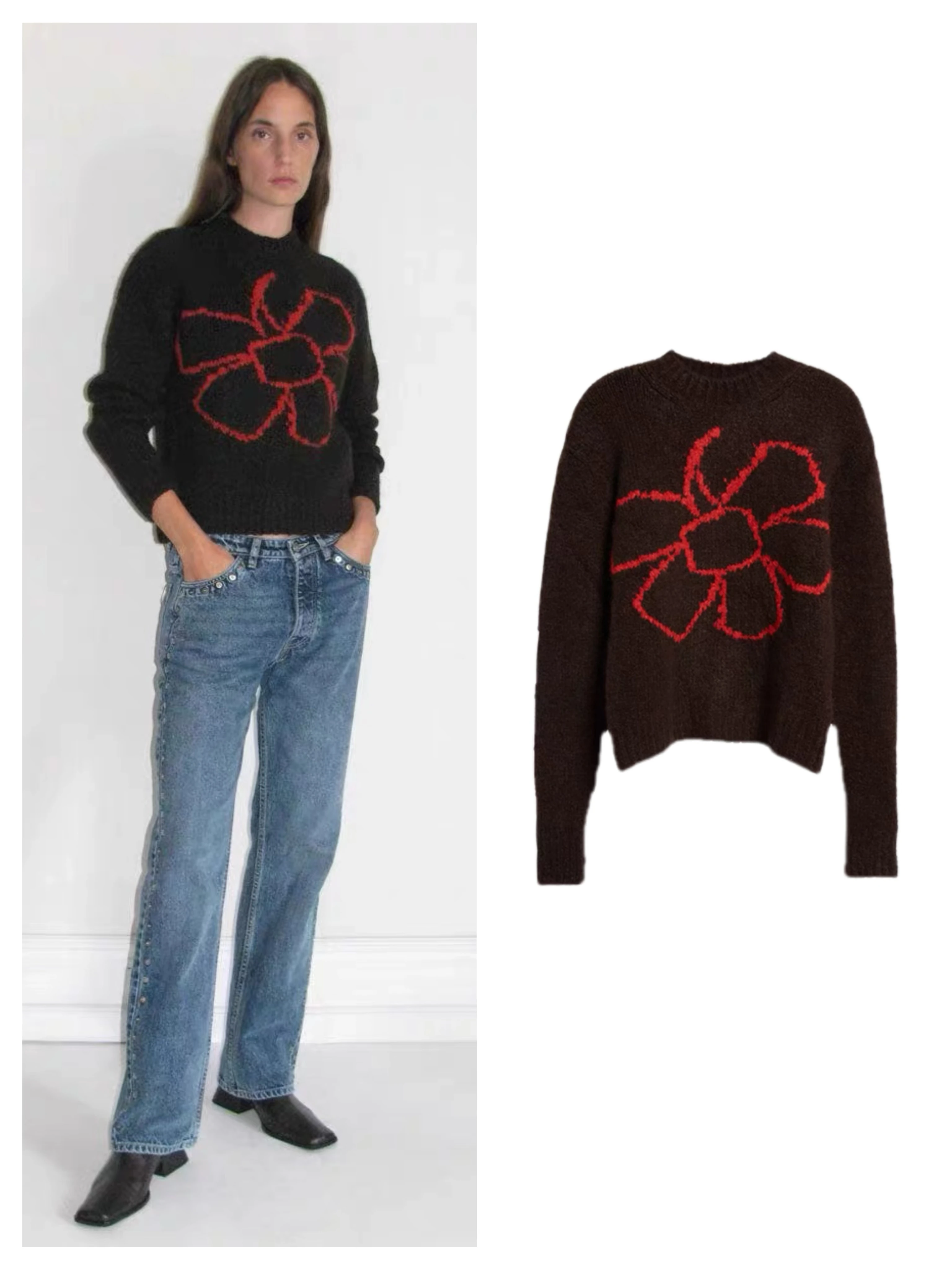 

Ultra Soft Knitted Embroidered Flower Sweater Women's Casual Style Loose Fit Wool Blend Long Sleeve Short Length Autumn Wear