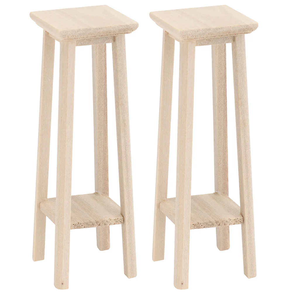 2 Pcs Mini High Stool Bar Chairs Adornment Shelf House Wooden Decor Decorative Flower Stand Miniature