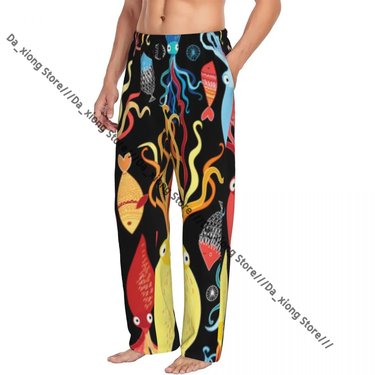

Men Sleep Bottoms Male Lounge Trousers Men's Squid And Fish Background Pajama Pants