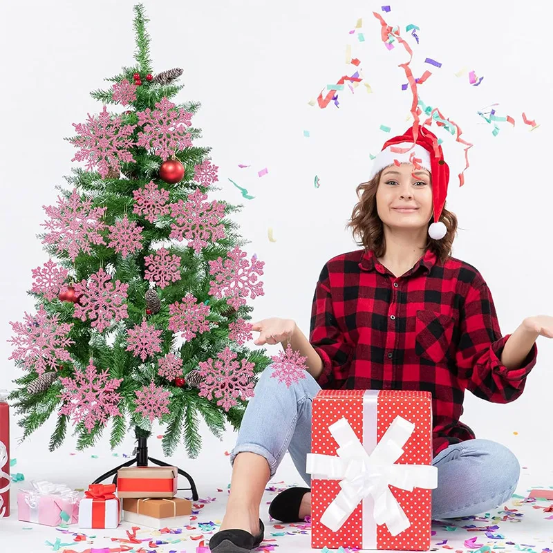 12pcs/set Pink Glitter Plastic Snowflake Ornaments Christmas Venue Decoration Xmas Tree Pendant For Home Winter Party Supplies