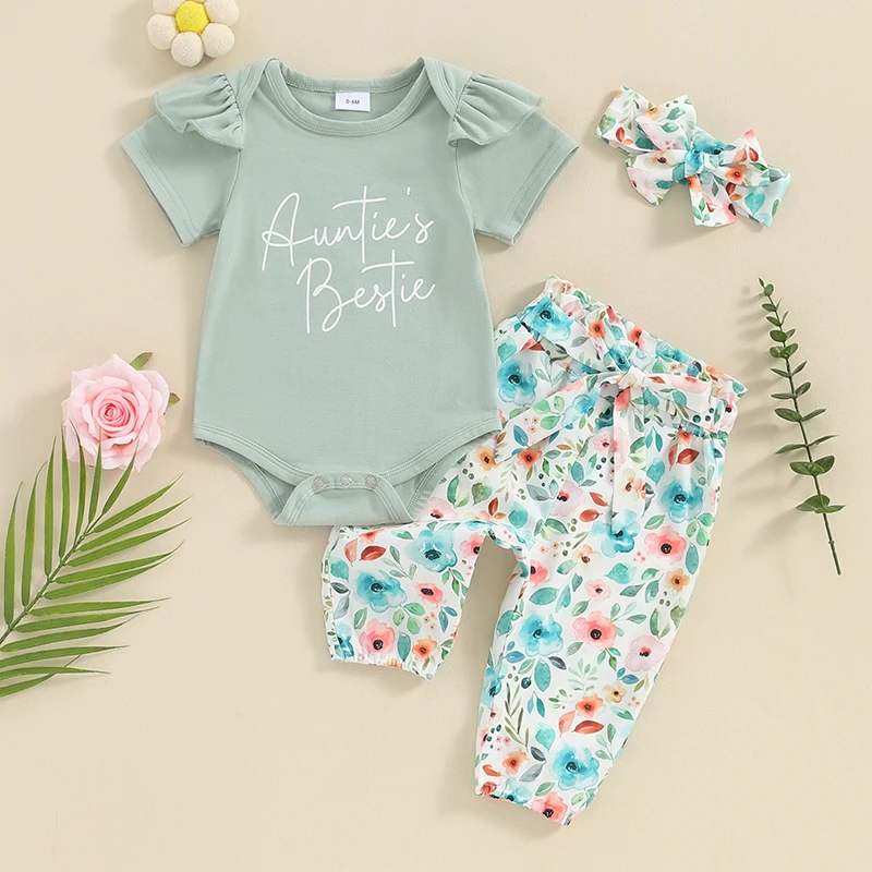 Newborn Baby Girl Outfits Auntie Is My Bestie Short Sleeve Romper Floral Pants Headband 3Pcs Coming Home Outfit