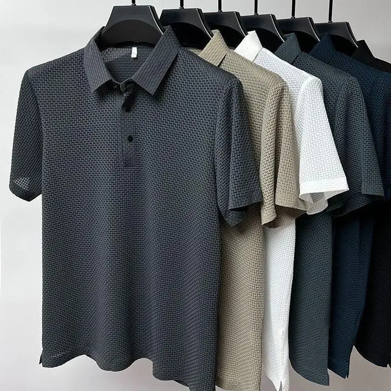 Ice Silk Short Sleeve  Shirt Men's Summer Versatile Quick Dry High End Slide Material Breathable Mesh Flip Collar Men's T...