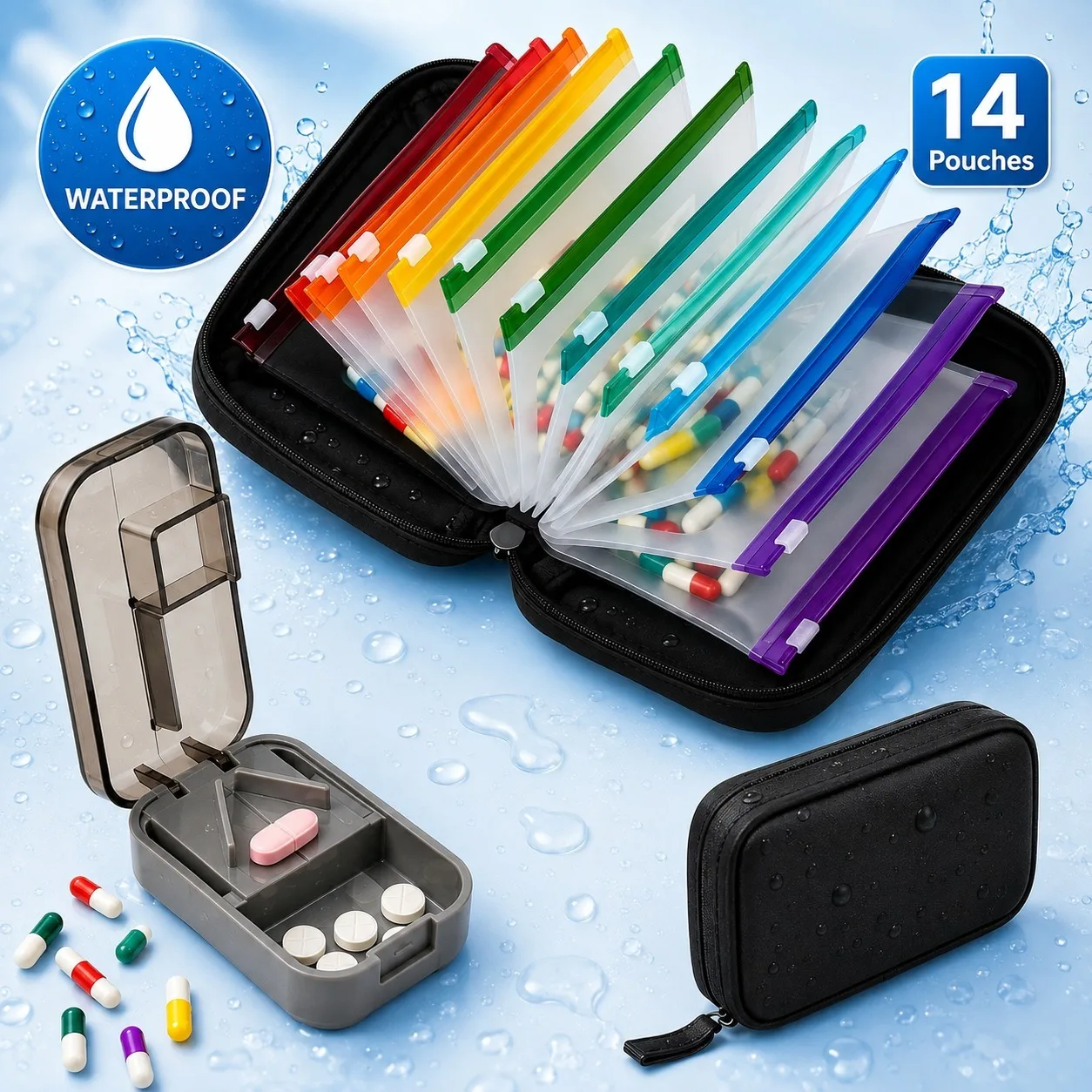 14 Pouch Weekly Pill Organizer with Pill Cutter Waterproof Color Coded Medicine Storage Case for Vitamins Supplements Travel