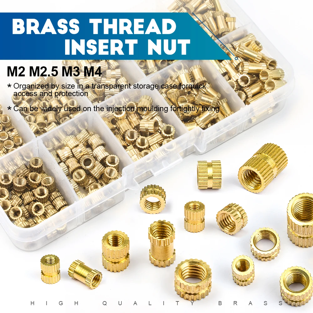 NINDEJIN 450/500pcs Brass Insert Nuts Kit Female Threaded Insert Set Knurled Nuts Assortment Kit