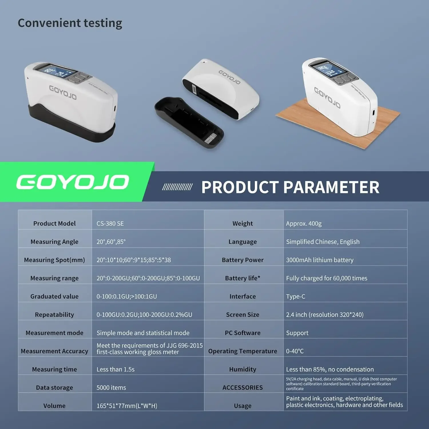 Three Angles Gloss Meter 20º 60º 85º Glossmeter with Calibration Board for Stone Paint Ink Floors Software Data Analysis 0-200Gu