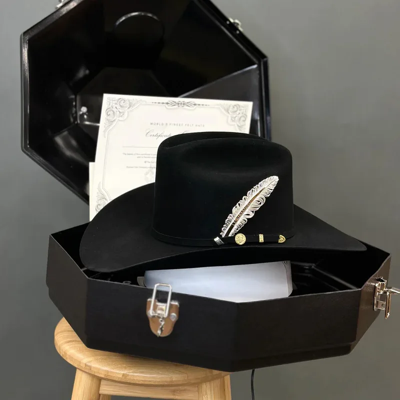 

Western Cowboy Hat with Feather Decoration, Pure Wool Felt Hat, Fashionable Wool Felt Hat