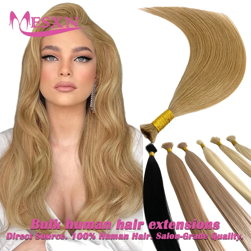 MESXN Bulk Hair Extensions Human Hair 100% Real Natural Hair Black Brown Blonde 613 Color 16-24inch For Women For Salon